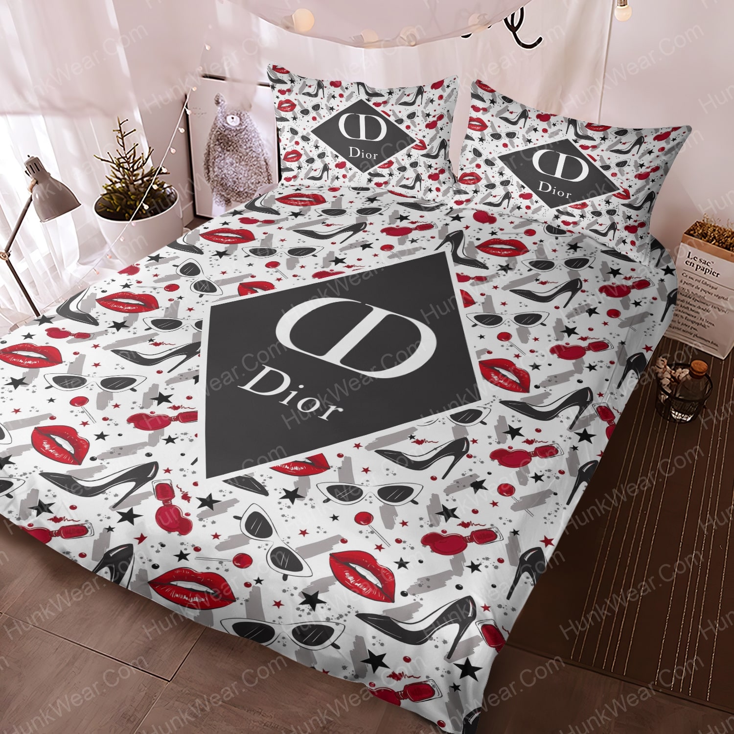 dior heels glasses and red lips pattern bed set bedding set 1