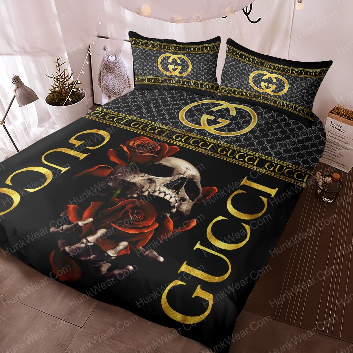gucci black skull with rose bed set bedding set 1