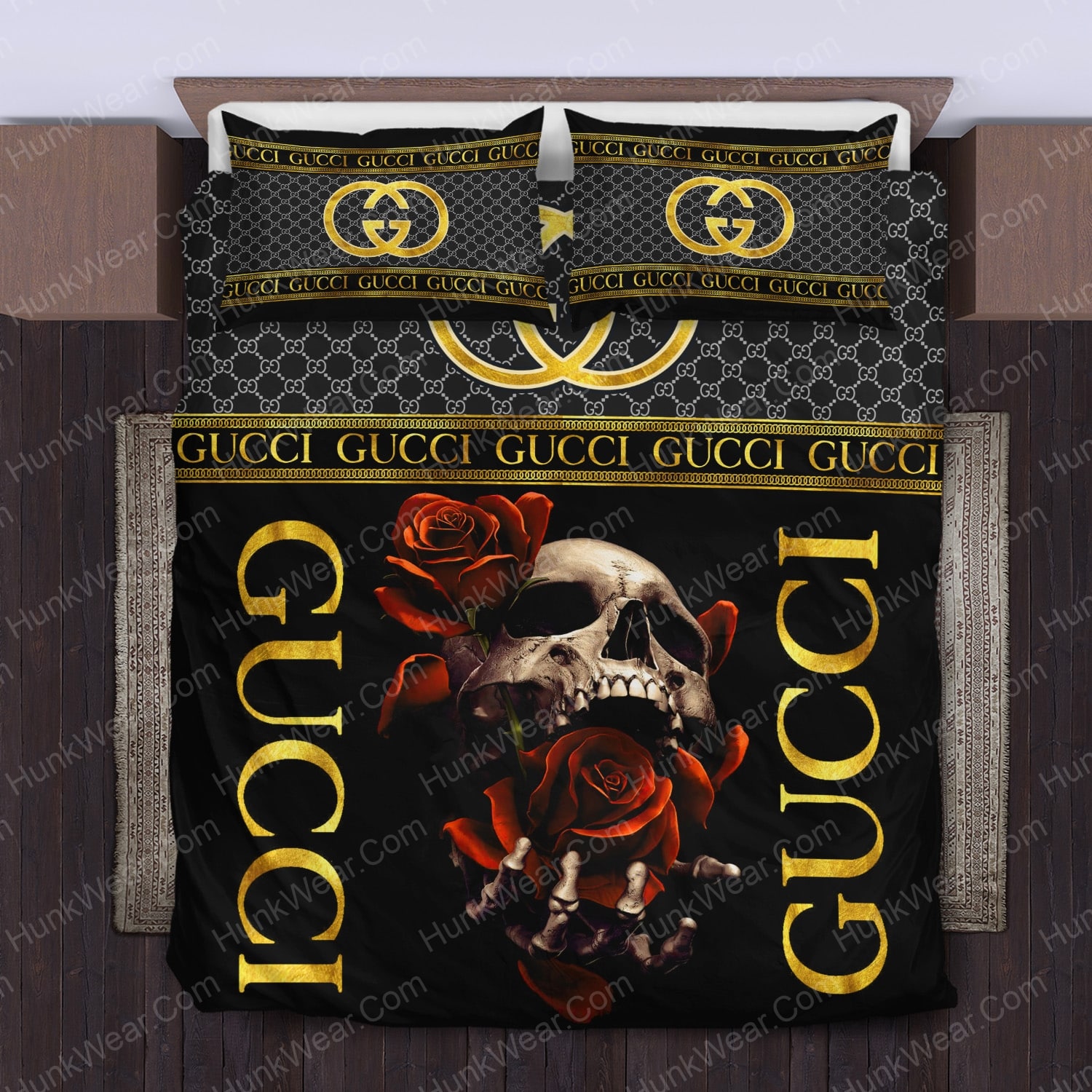 gucci black skull with rose bed set bedding set 2