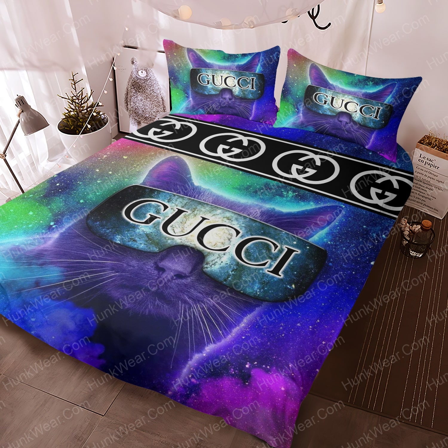 gucci cute cat wearing glasses bed set bedding set 1