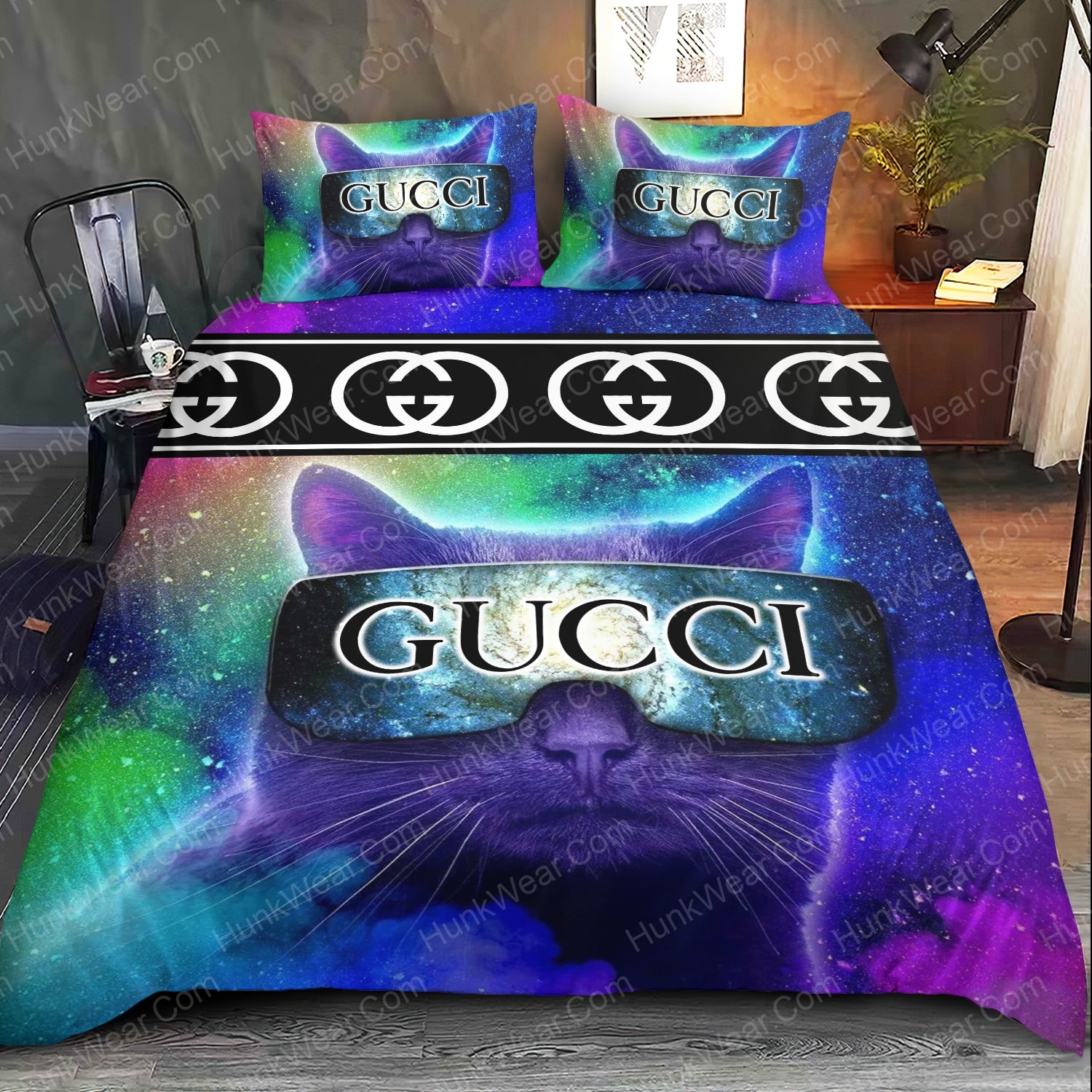 gucci cute cat wearing glasses bed set bedding set