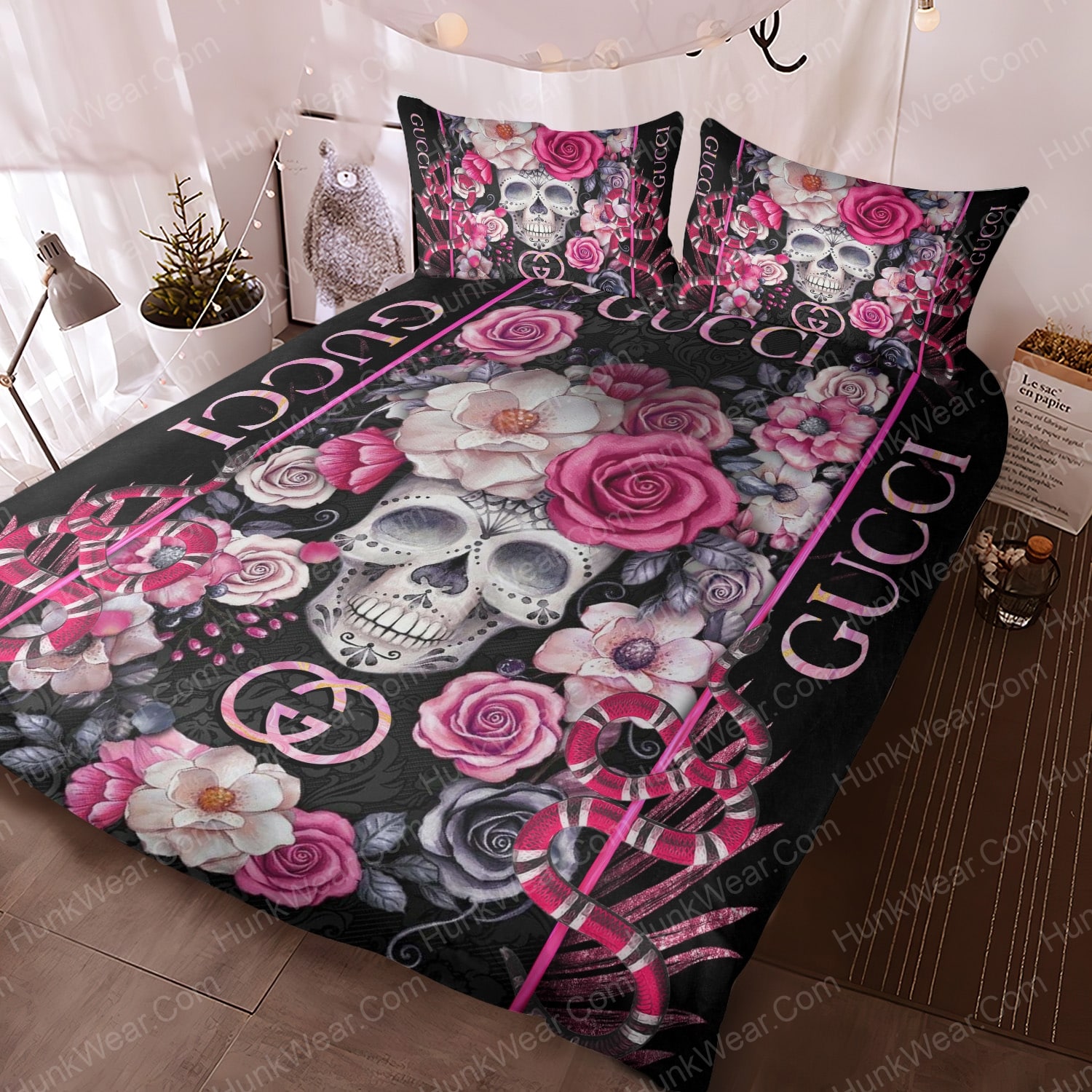 Gucci Skull Snake Flower Tattoo Bed Set Bedding Set HunkWear.Com