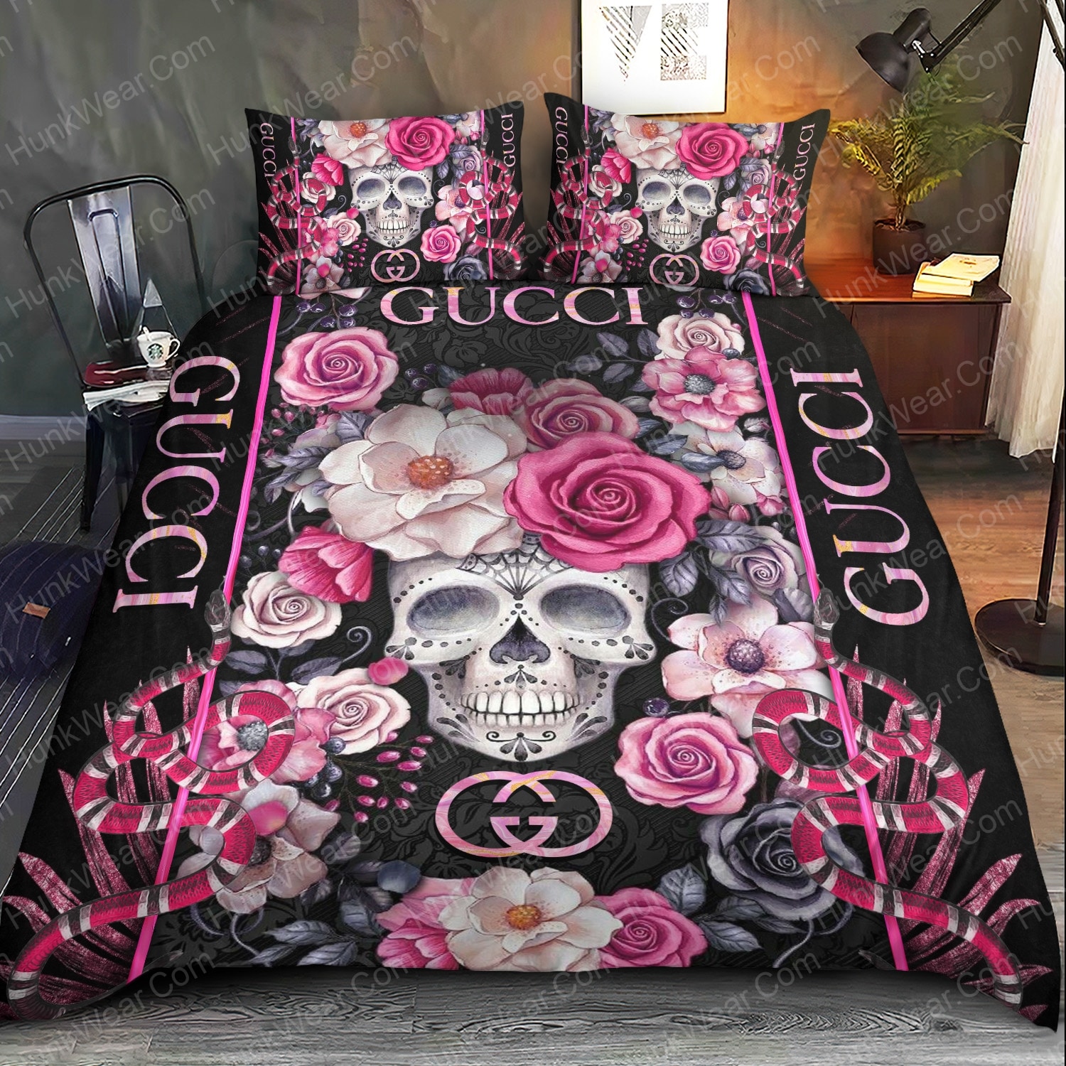Gucci Skull Snake Flower Tattoo Bed Set Bedding Set HunkWear.Com
