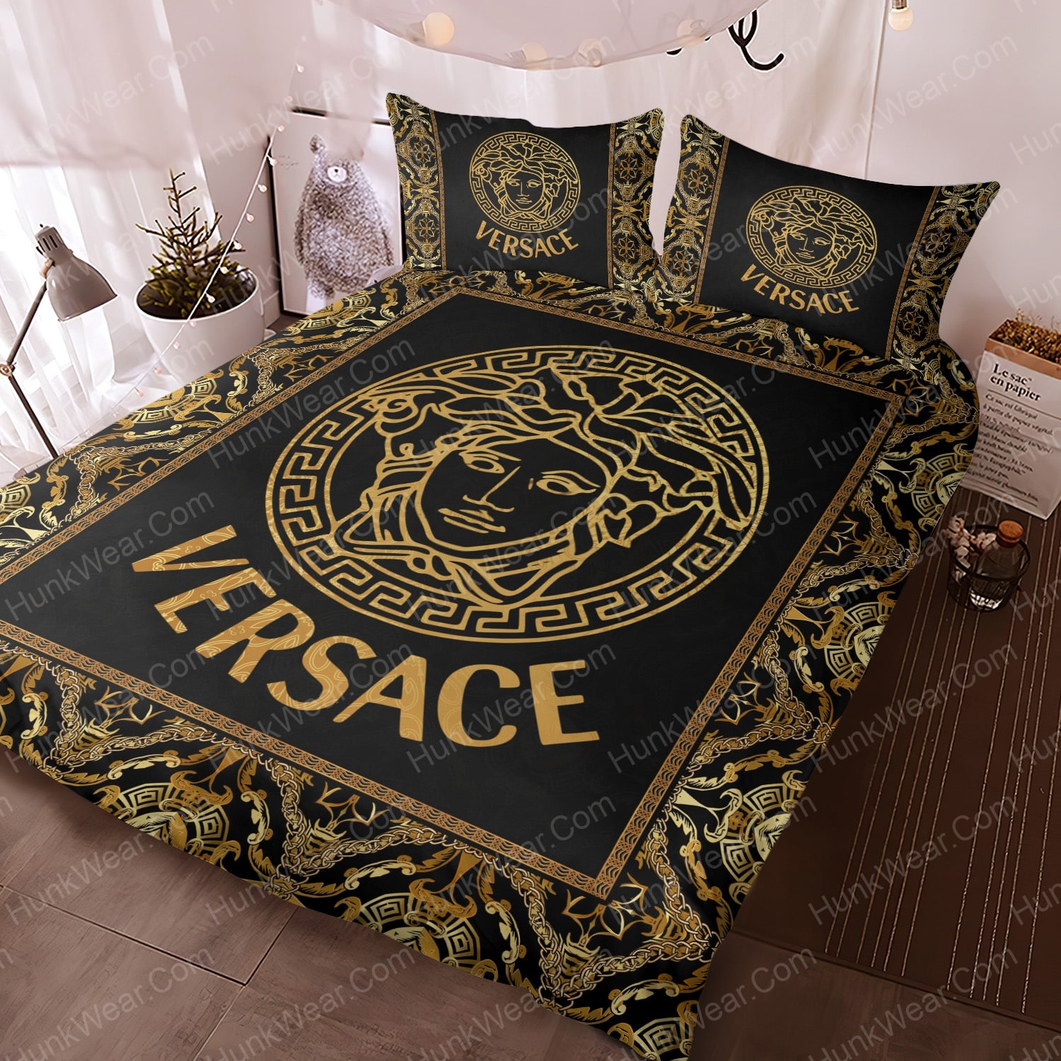 versace logo black and gold bed set bedding set 1