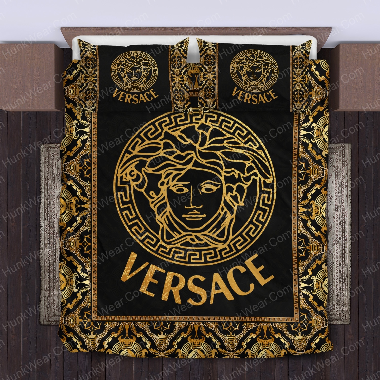 versace logo black and gold bed set bedding set 2