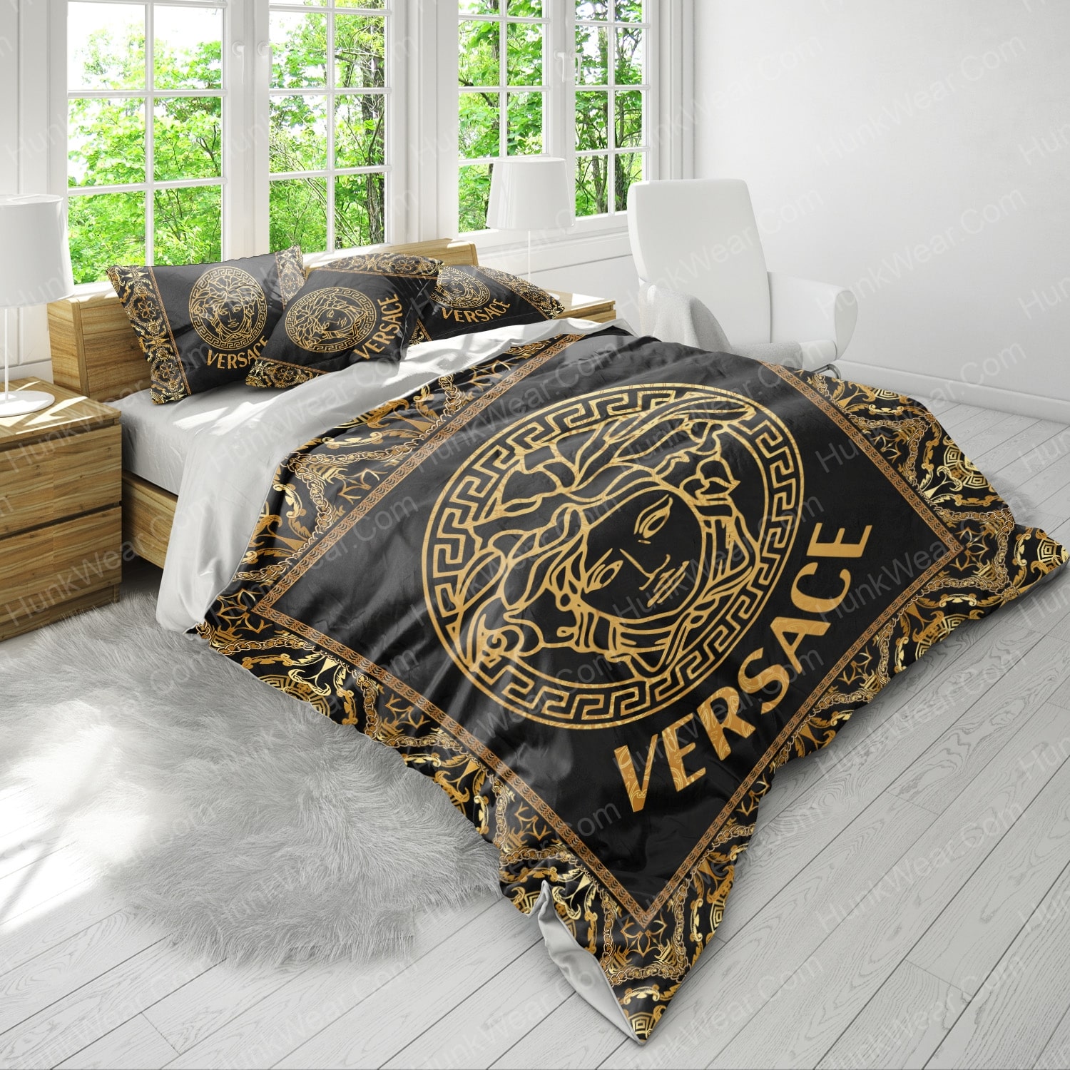 versace logo black and gold bed set bedding set 3