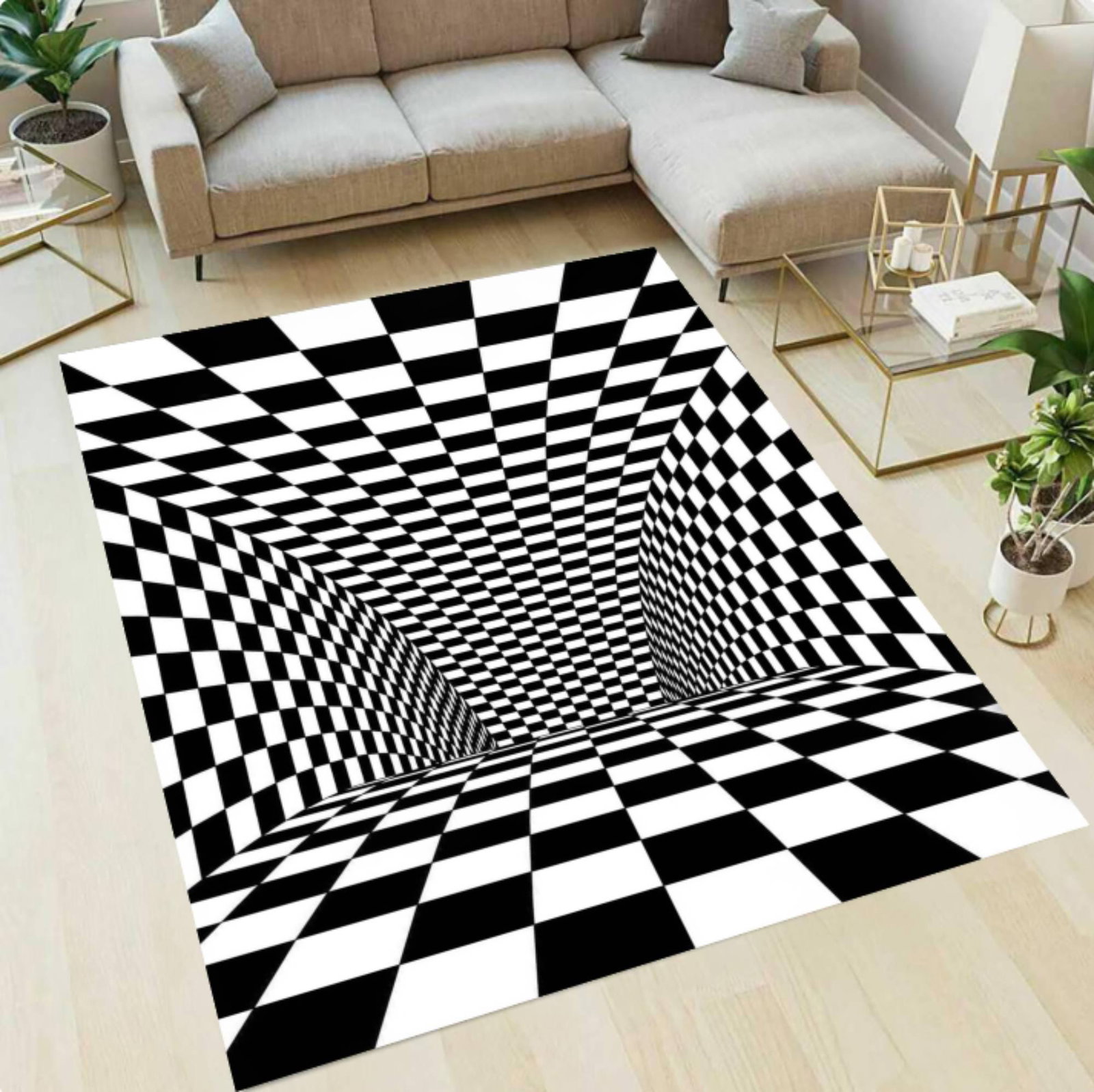 3D Checkered Optical Illusion Rug, Black White GeometricTVC1708395