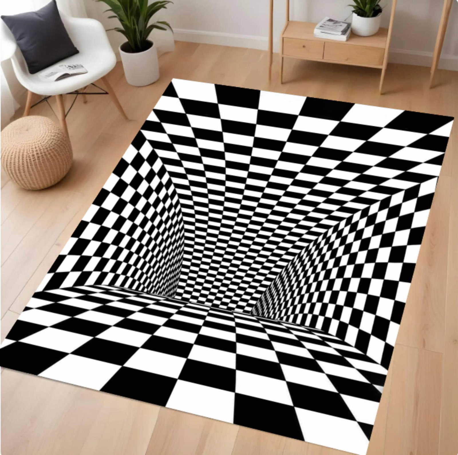 3D-geruit Rug with Optical Illusion Black and White Geometric RugTVC1708373