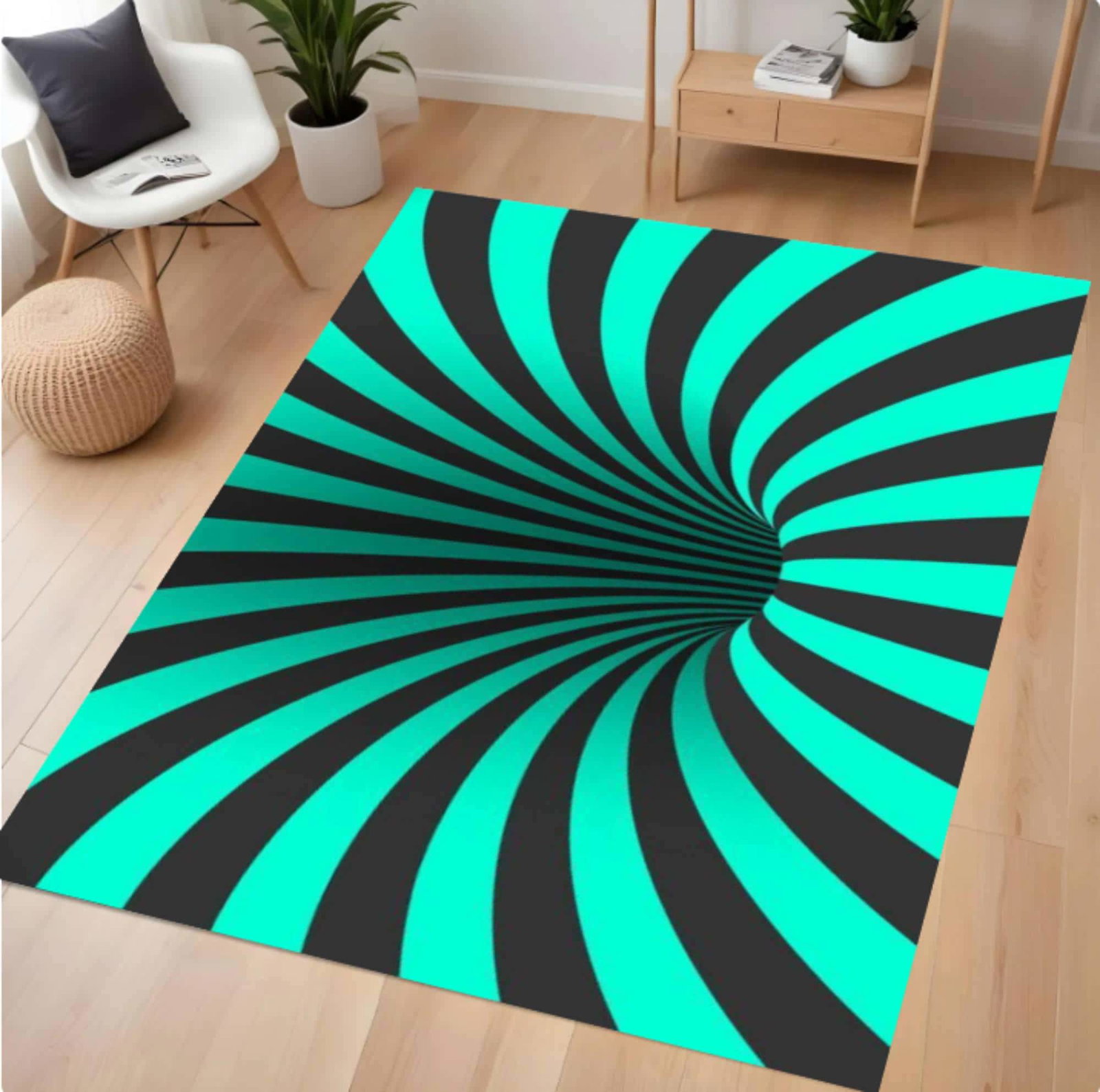 Abstract Wervelend Rug Teal Black Optical Illusion Washable Non-slipTVC1708371