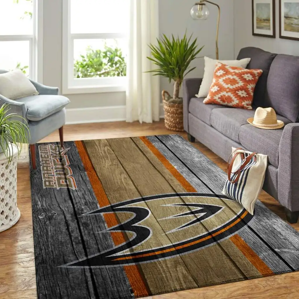 Anaheim Ducks Rug - Wood Floor Area for Hockey Fans Orange and Gray