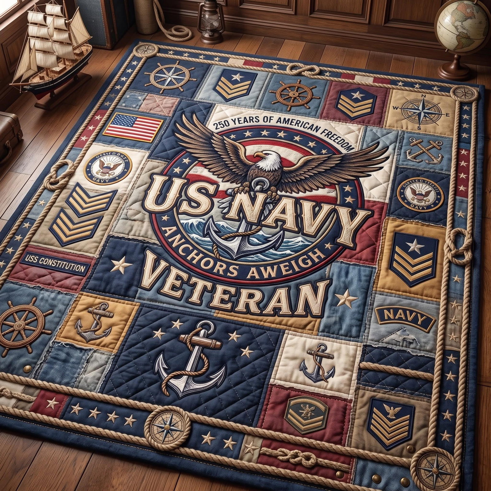 Anchors Aweigh Denim Quilt Area Rug - Non-Slip Washable 3D Print Rug for Living Room & BedroomTVC210860