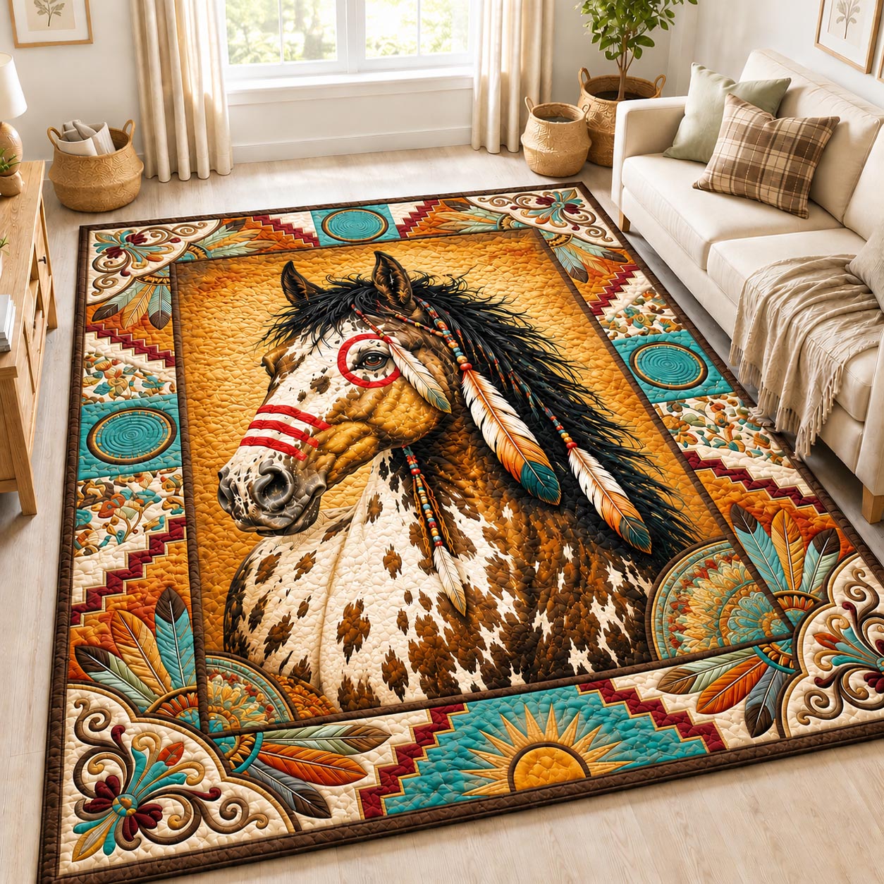 Appaloosa Feather Medicine Horse Area Rug - Non-Slip Washable 3D Print Rug for Living Room & BedroomTVC210859