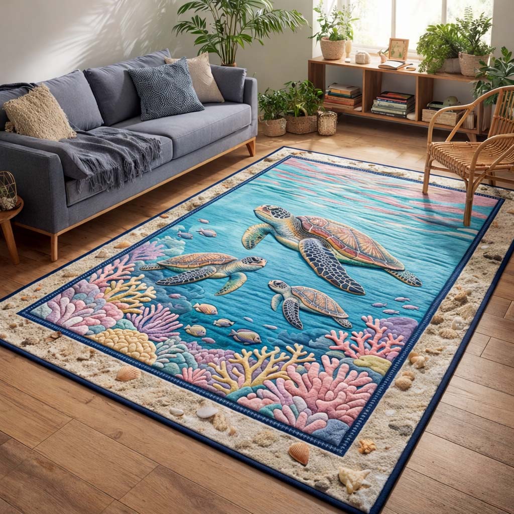 Aqua Reef Turtles Area Rug - Non-Slip Washable 3D Print Rug for Living Room & BedroomTVC210868