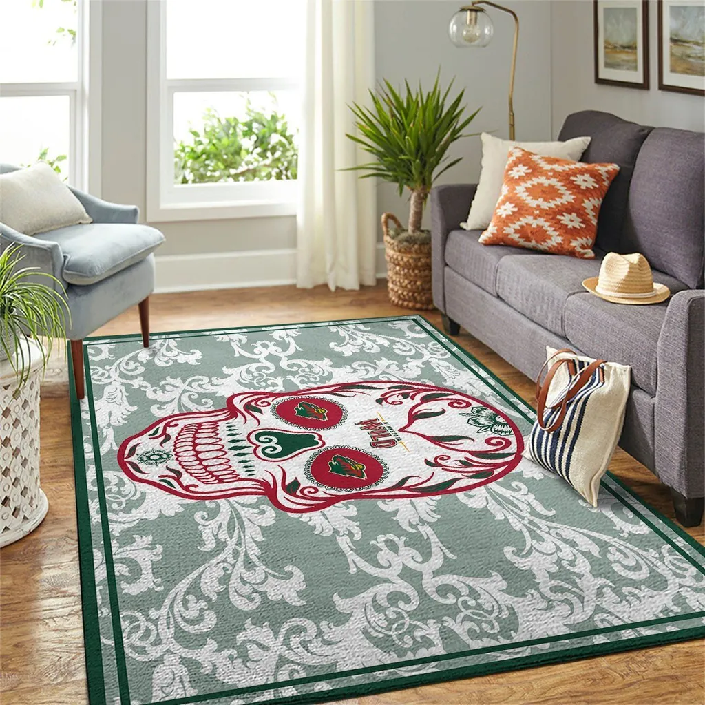 Area Rug with Decorative Skull Pattern Design Green and White