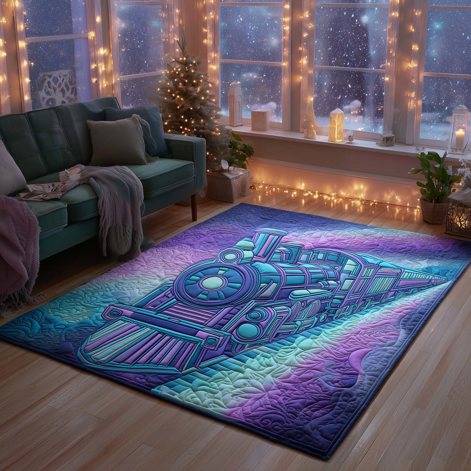 Aurora Borealis Train Area Rug - Non-Slip Washable 3D Print Rug for Living Room & BedroomTVC210868