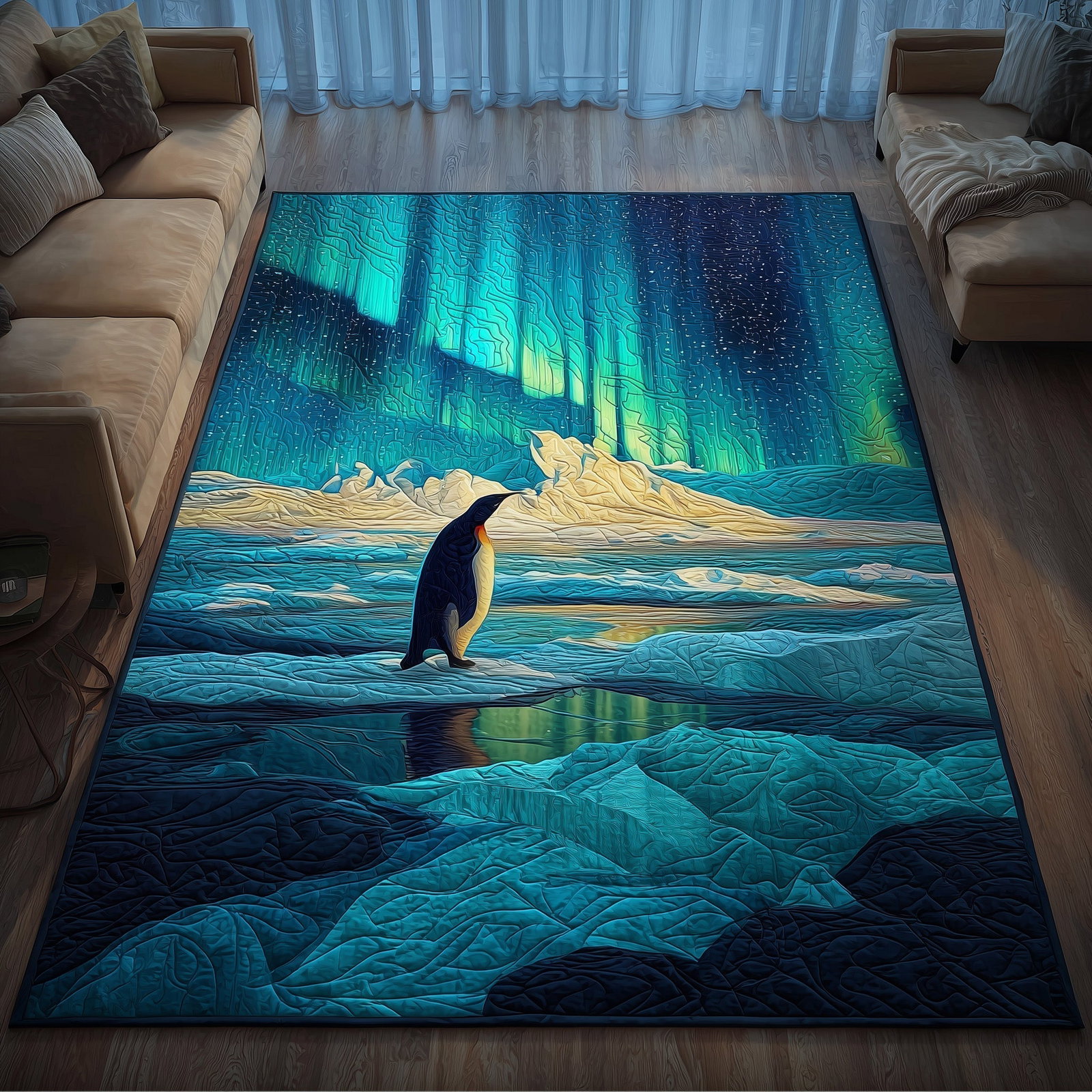 Aurora Penguin Area Rug - Non-Slip Washable 3D Print Rug for Living Room & BedroomTVC210855