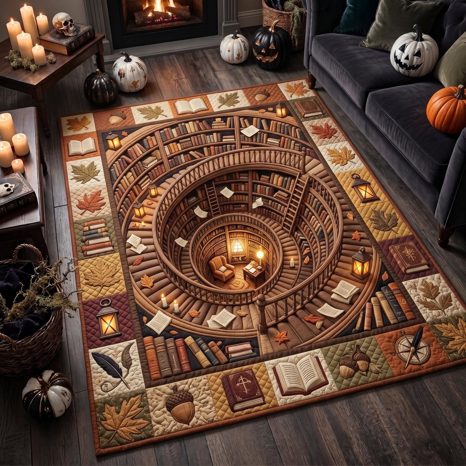Autumn Library Spiral Area Rug - Non-Slip Washable 3D Print Rug for Living Room & BedroomTVC210861