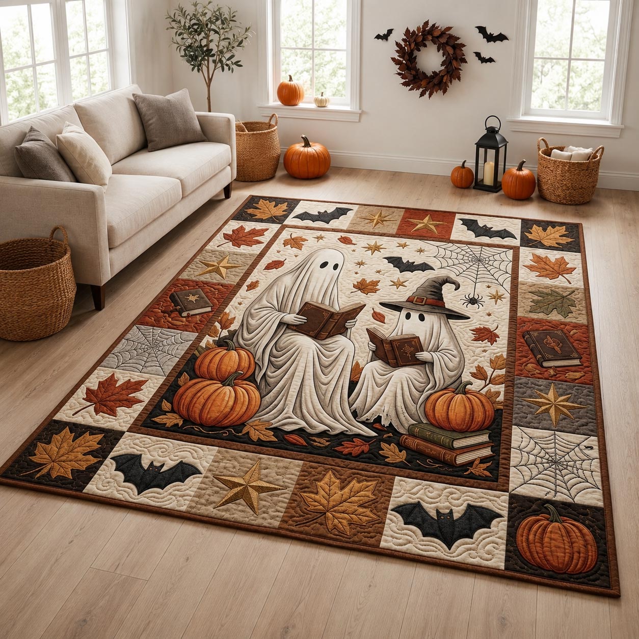 Autumn Pumpkin Ghost Readers Area Rug - Non-Slip Washable 3D Print Rug for Living Room & BedroomTVC210862