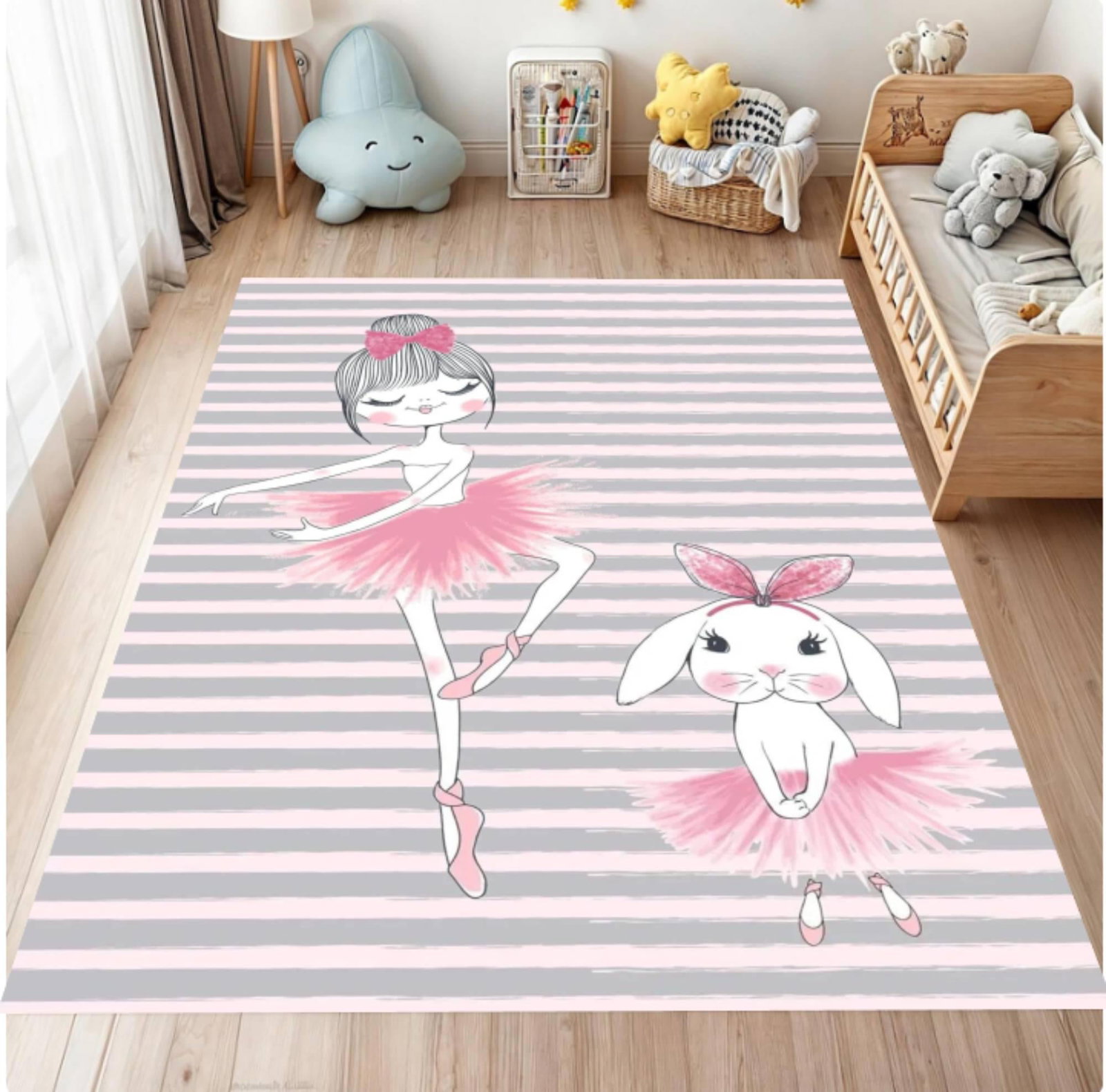 Ballerina Pink Kids Room Rug with Bunny WashableTVC1708358