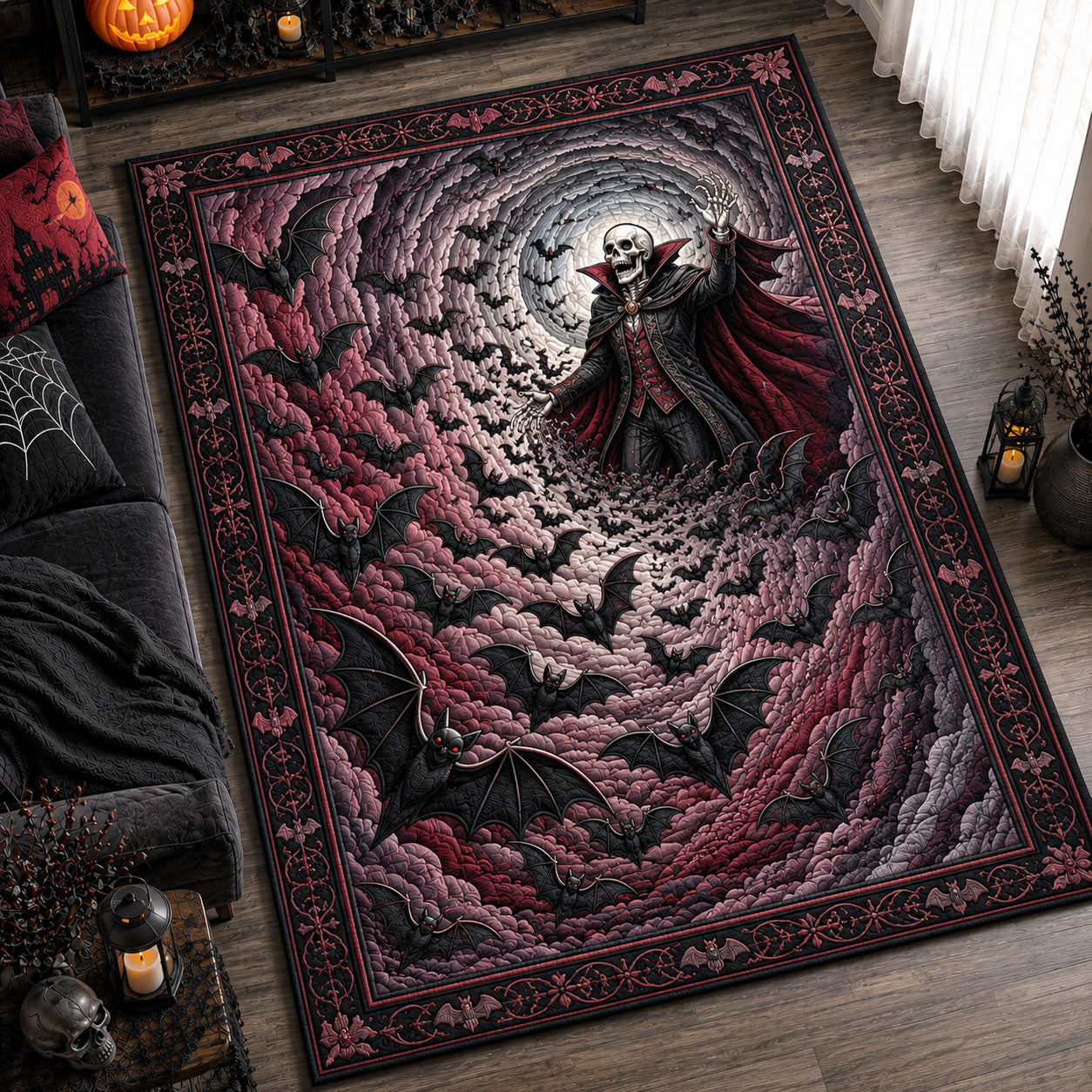 Bat Swarm Vampire Rose Area Rug - Non-Slip Washable 3D Print Rug for Living Room & BedroomTVC210866