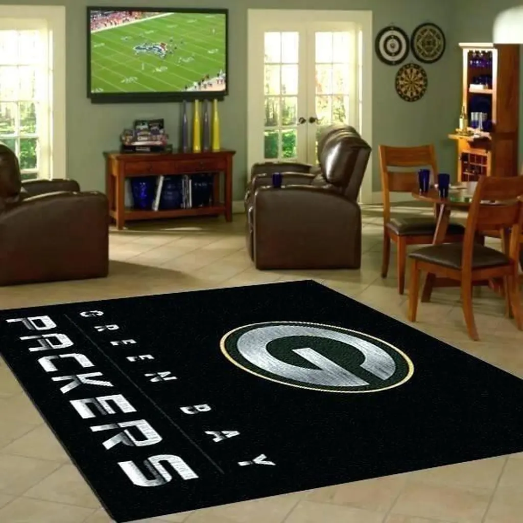 Bay Packers Rug - Logo for Game Room Carpet Black and White