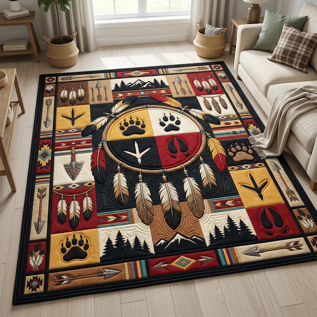 Bear Paw Medallion Feathers Area Rug - Non-Slip Washable 3D Print Rug for Living Room & BedroomTVC210863
