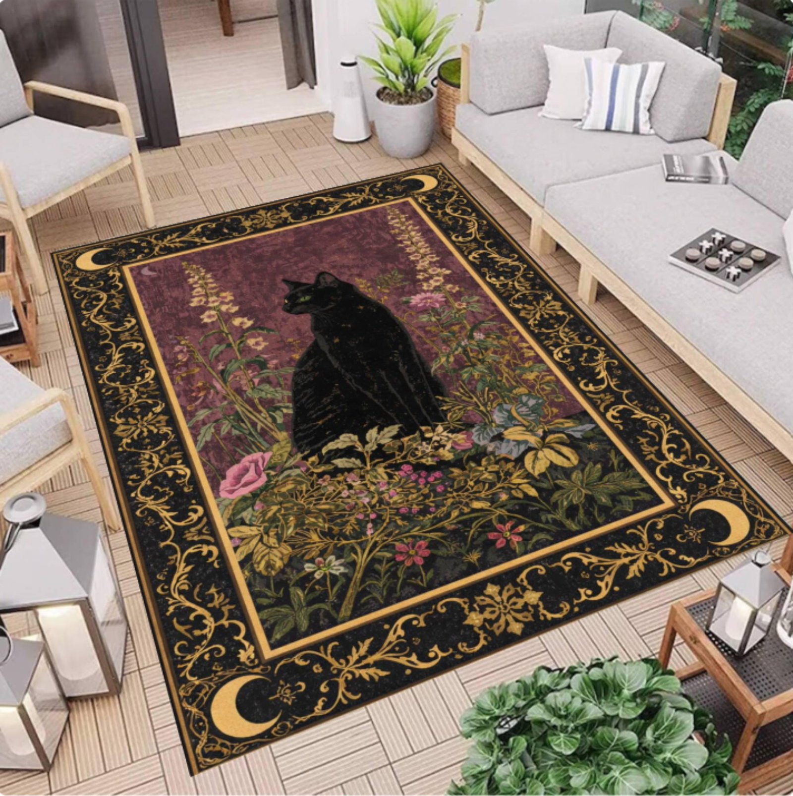 Black Cat Area Rug, Gothic Floral Moon DesignTVC1708394