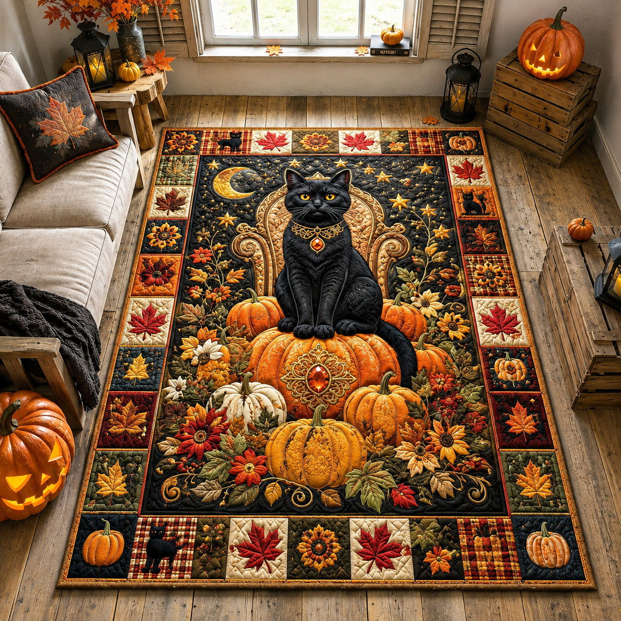 Black Cat Autumn Harvest Area Rug - Non-Slip Washable 3D Print Rug for Living Room & BedroomTVC2108908