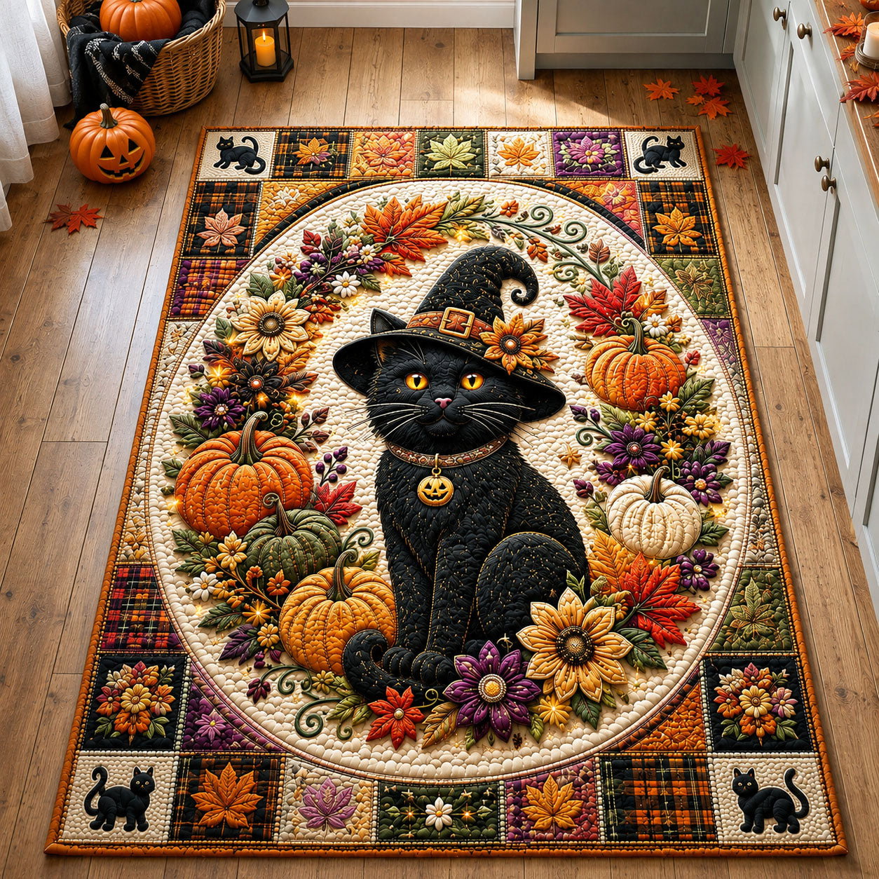 Black Cat Autumn Wreath Area Rug - Non-Slip Washable 3D Print Rug for Living Room & BedroomTVC2108907