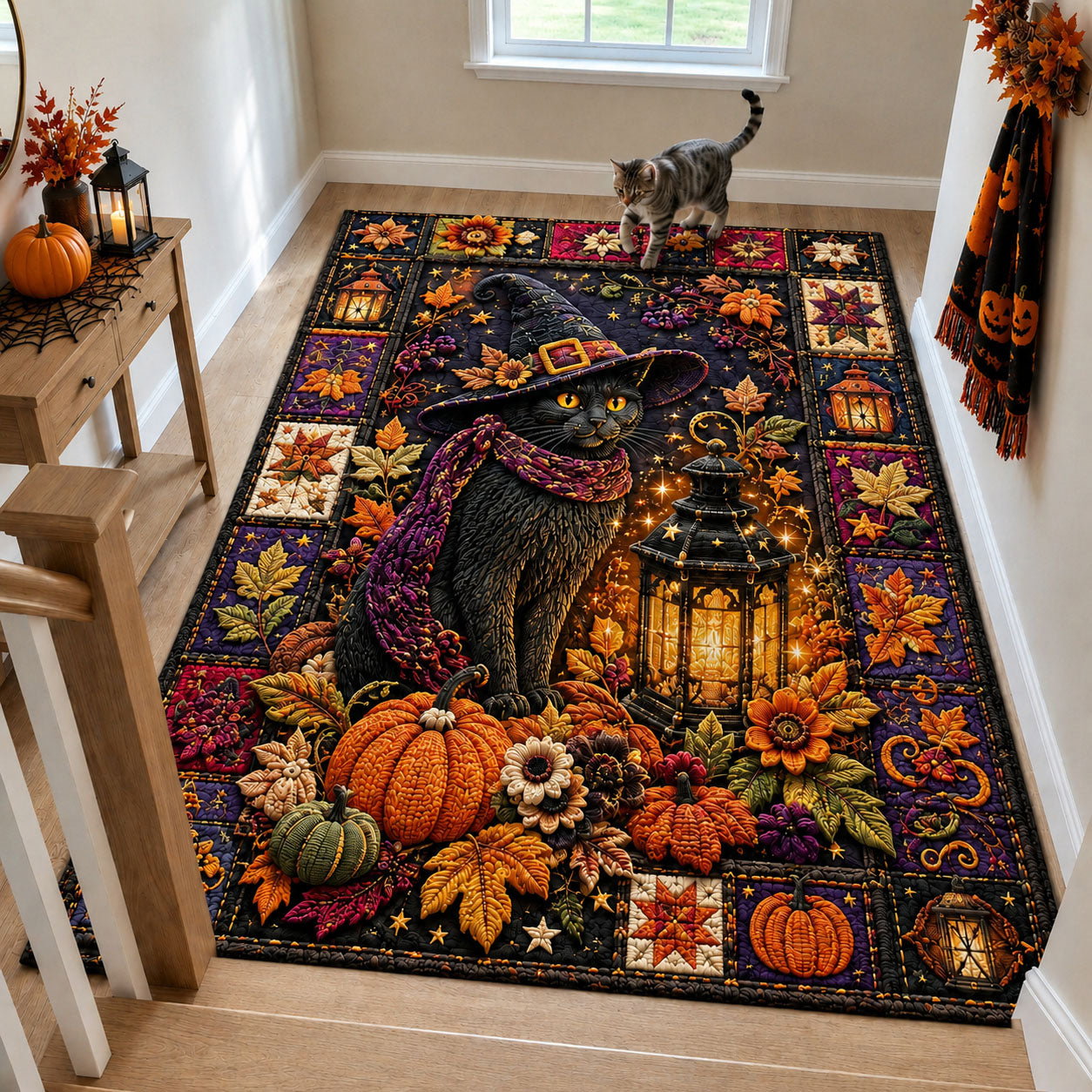 Black Cat Halloween Lantern Area Rug - Non-Slip Washable 3D Print Rug for Living Room & BedroomTVC2108907