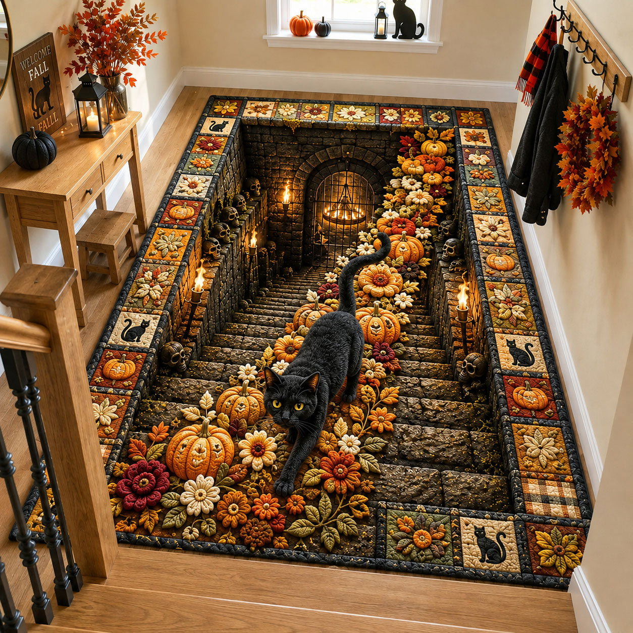 Black Cat Halloween Path Area Rug - Non-Slip Washable 3D Print Rug for Living Room & BedroomTVC2108908