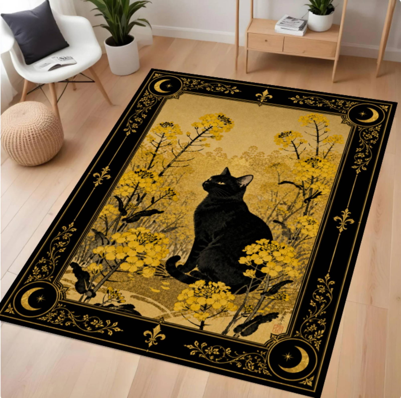 Black Cat Halloween Rug - Gothic Witchy Floral Dark Academia Cottagecore RugTVC1708367