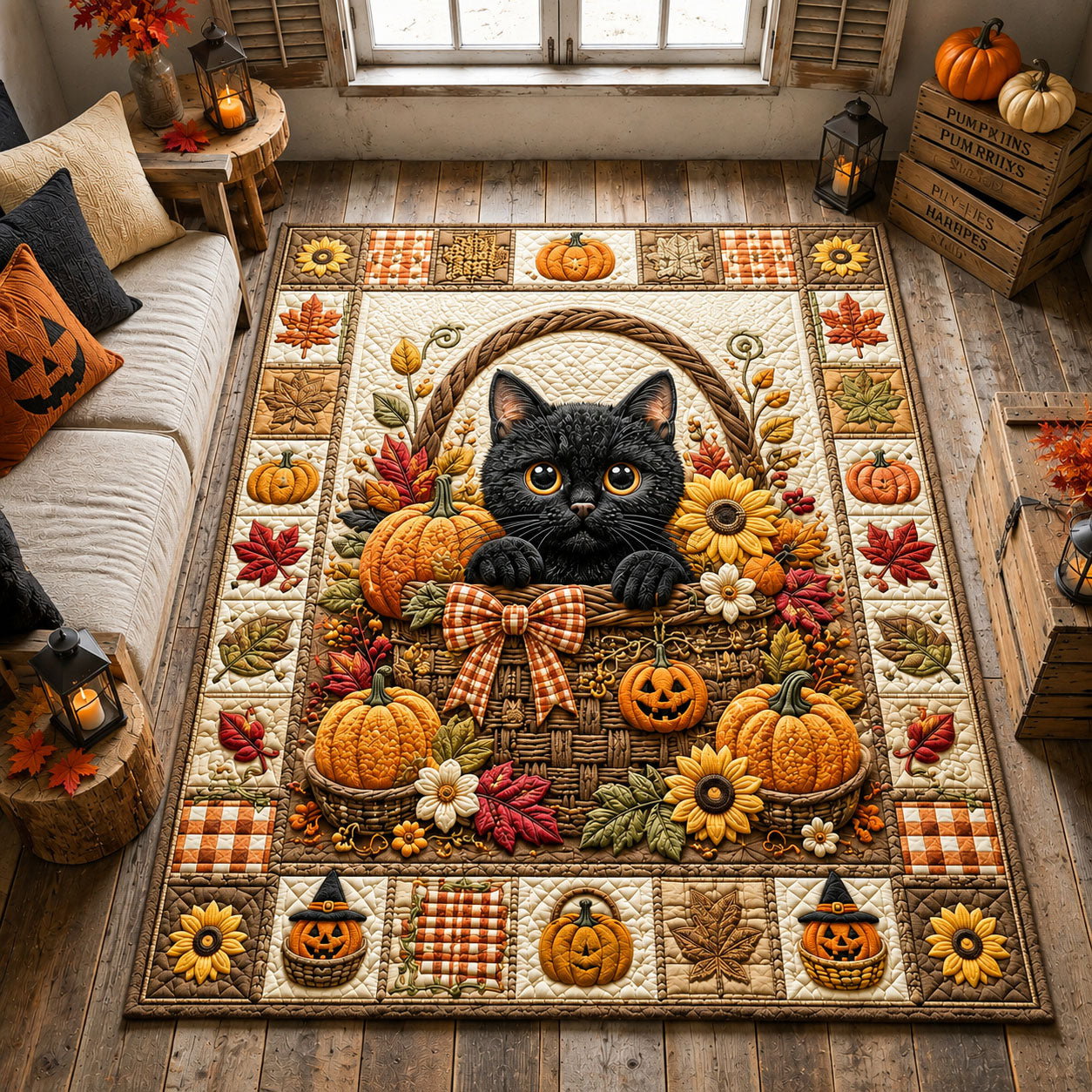 Black Cat Pumpkin Basket Area Rug - Non-Slip Washable 3D Print Rug for Living Room & BedroomTVC2108907
