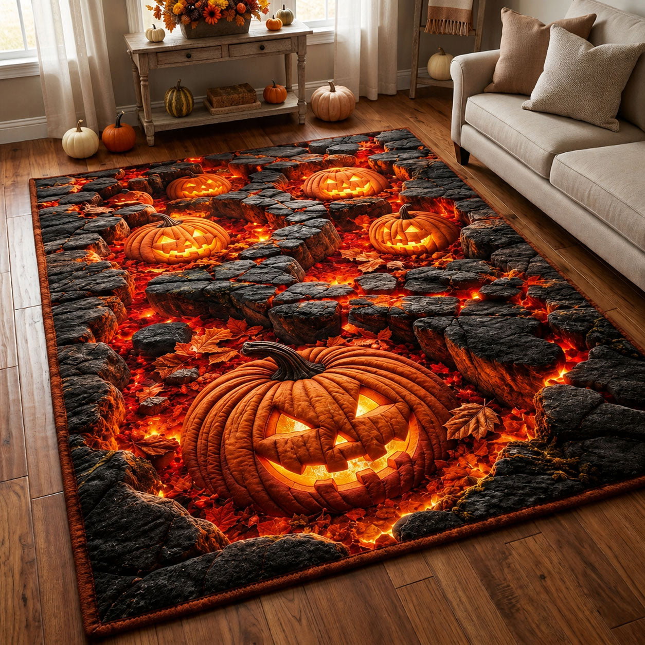 Blazing Ember Pumpkins Area Rug - Non-Slip Washable 3D Print Rug for Living Room & BedroomTVC210858