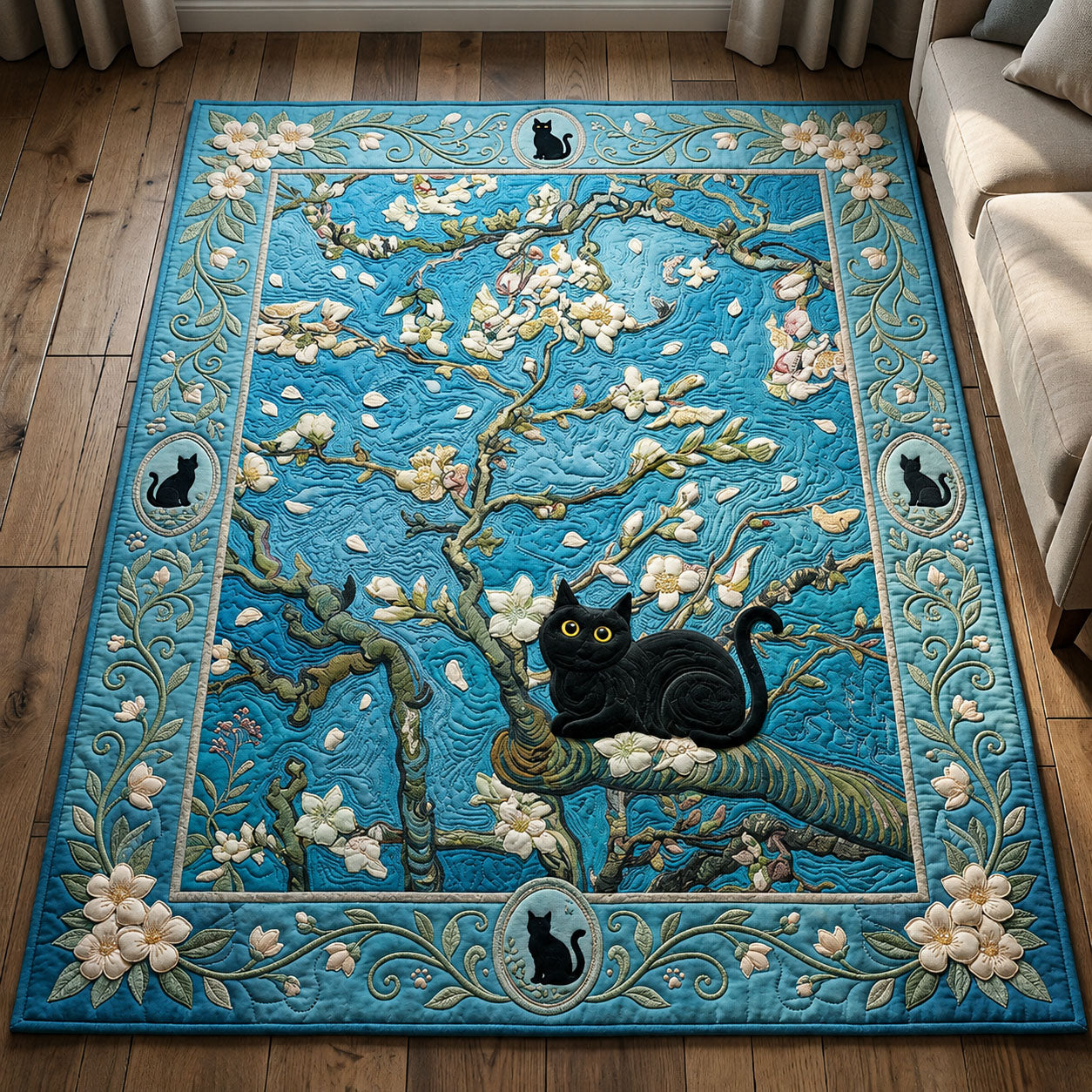 Blue Blossom Cat Tree Area Rug - Non-Slip Washable 3D Print Rug for Living Room & BedroomTVC210858