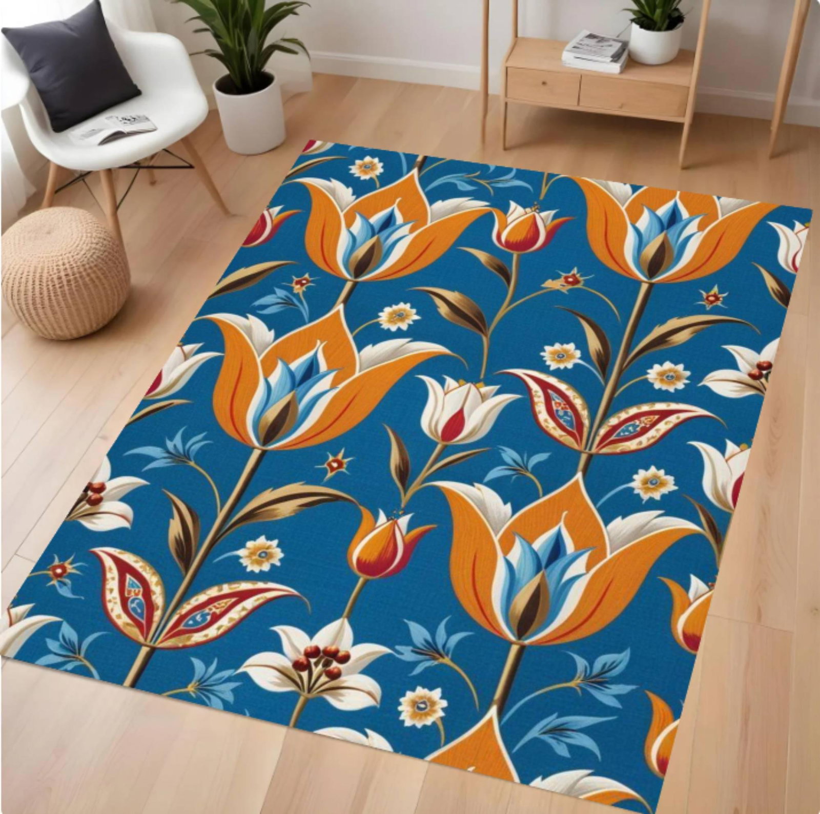 Blue Floral Turks Rug Vintagestijl WashableTVC1708369