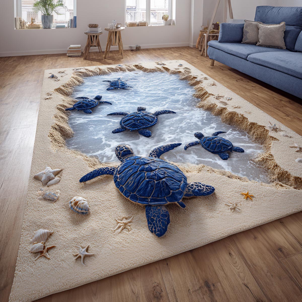 Blue Turtle Area Rug - Non-Slip Washable 3D Print Rug for Living Room & BedroomTVC210873