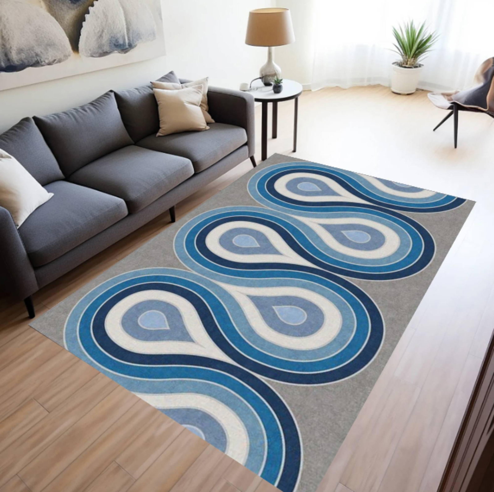 Blue Wavy Abstract Rug Scandinavian Washable RugTVC1708357