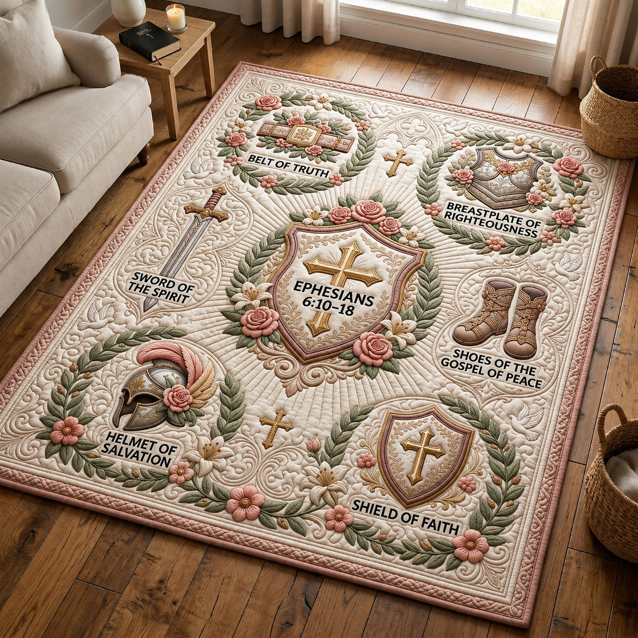 Blush Floral Armor Wreath Area Rug - Non-Slip Washable 3D Print Rug for Living Room & BedroomTVC210856