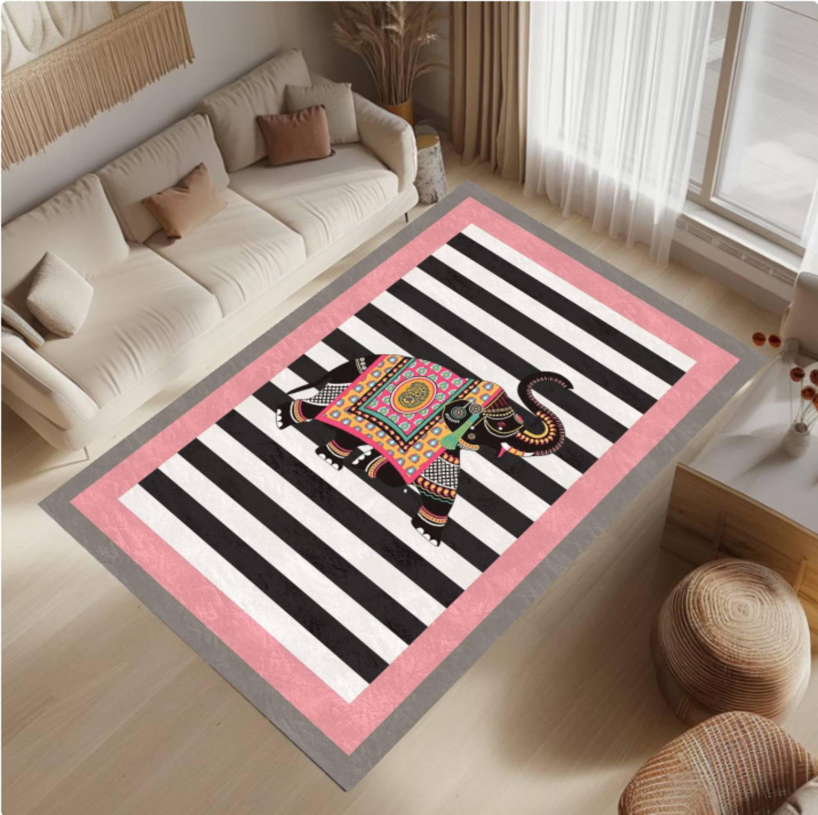 Boho Elephant Area Rug, Black White Stripe DesignTVC1708386