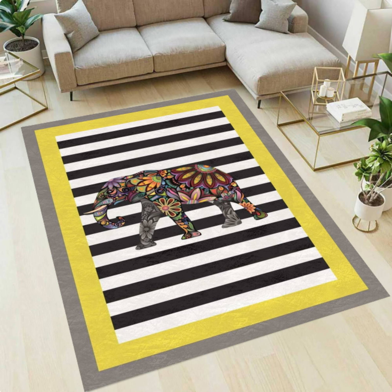 Boho Elephant Area Rug, Colorful Floral Elephant CarpetTVC1708386