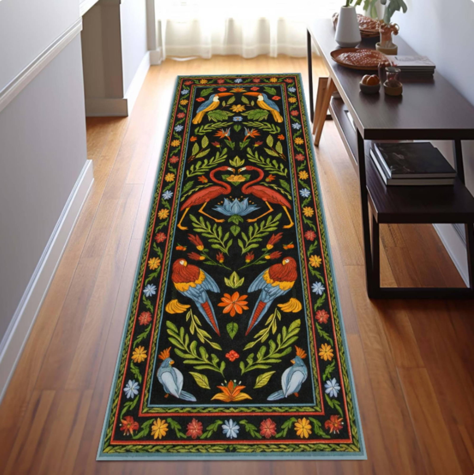 Boho Folk Art Runner Rug, Floral Bird Pattern RugTVC1708379