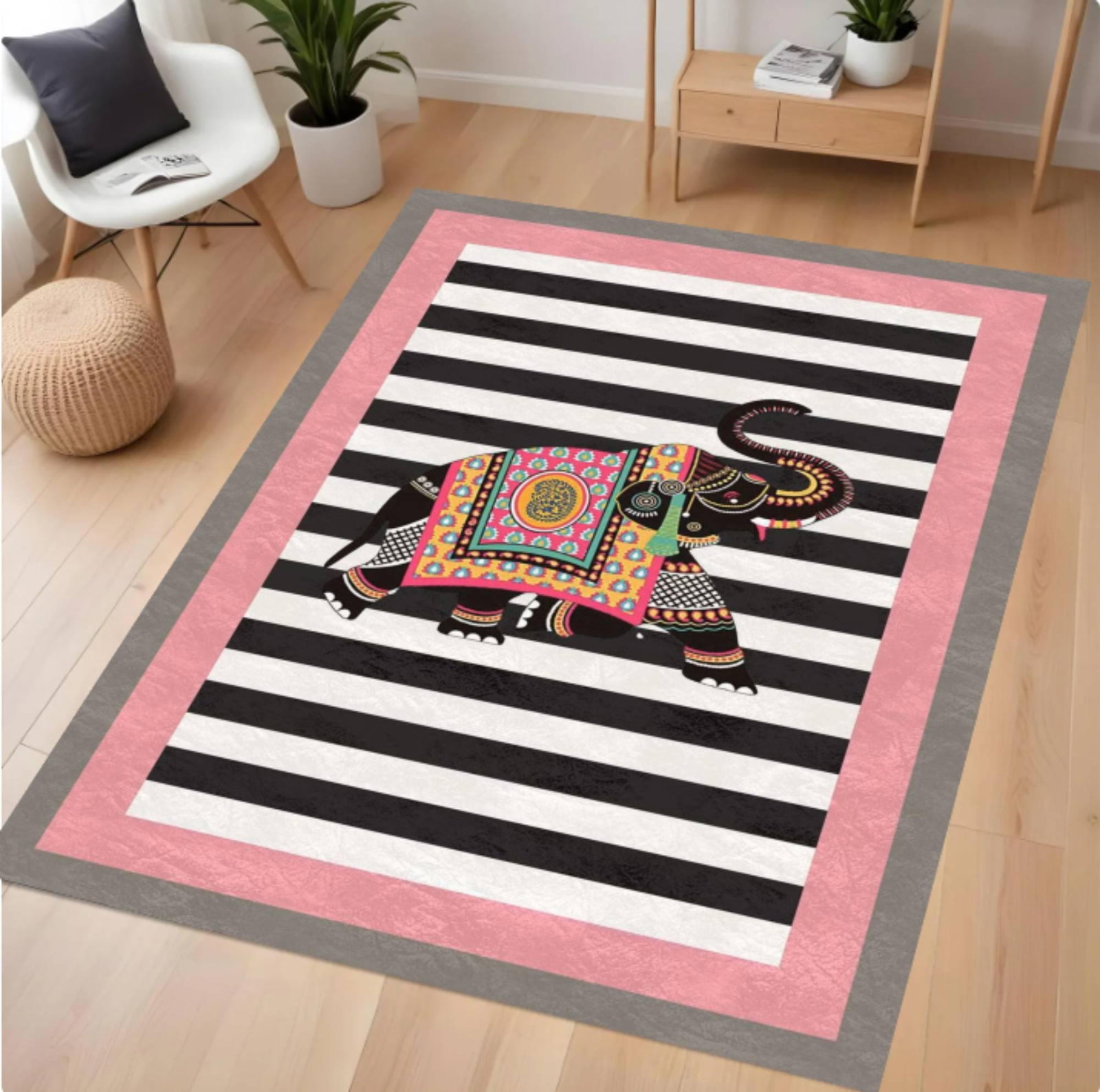 Boho Rug Elephant Washable Rug Living Room Non-slip Rug BlackTVC1708359