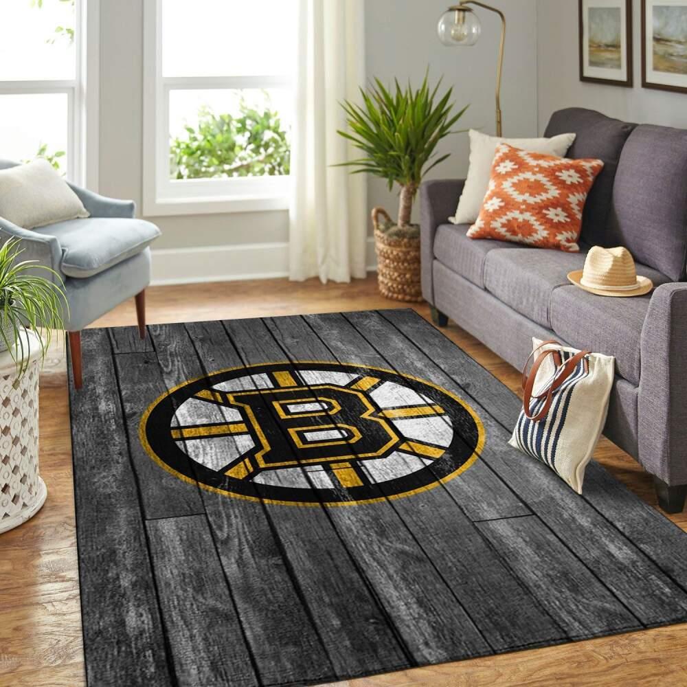 Boston Bruins Nhl Team Logo Grey Wooden Style Living Room Rug Regtangle Carpet
