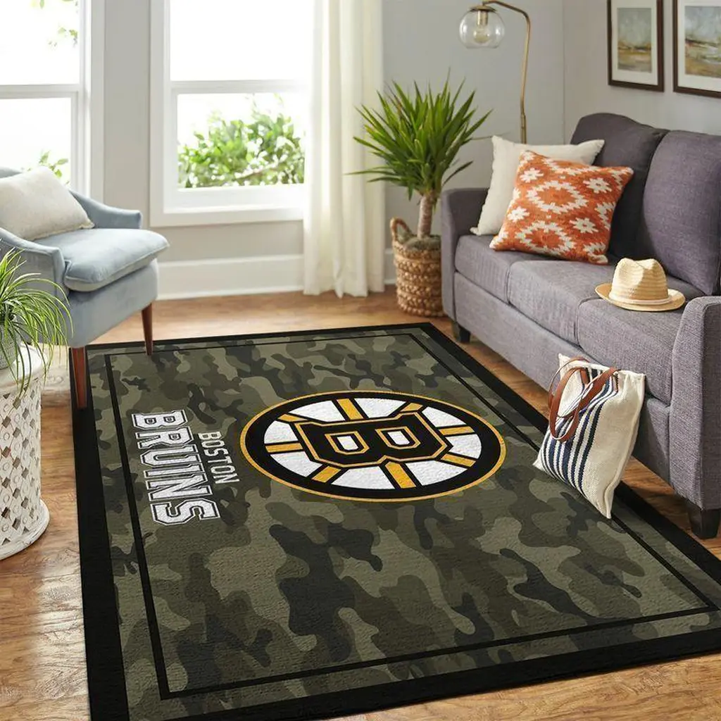 Boston Bruins Rug - Camo for Living Room Decor Gray and White