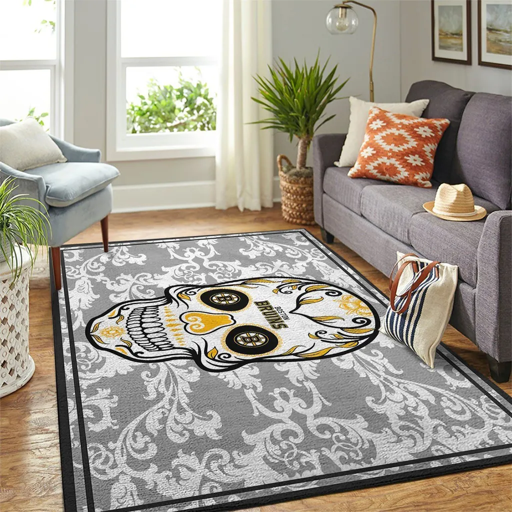 Boston Bruins Rug - Skull Area for Living Room Decor Black and Yellow
