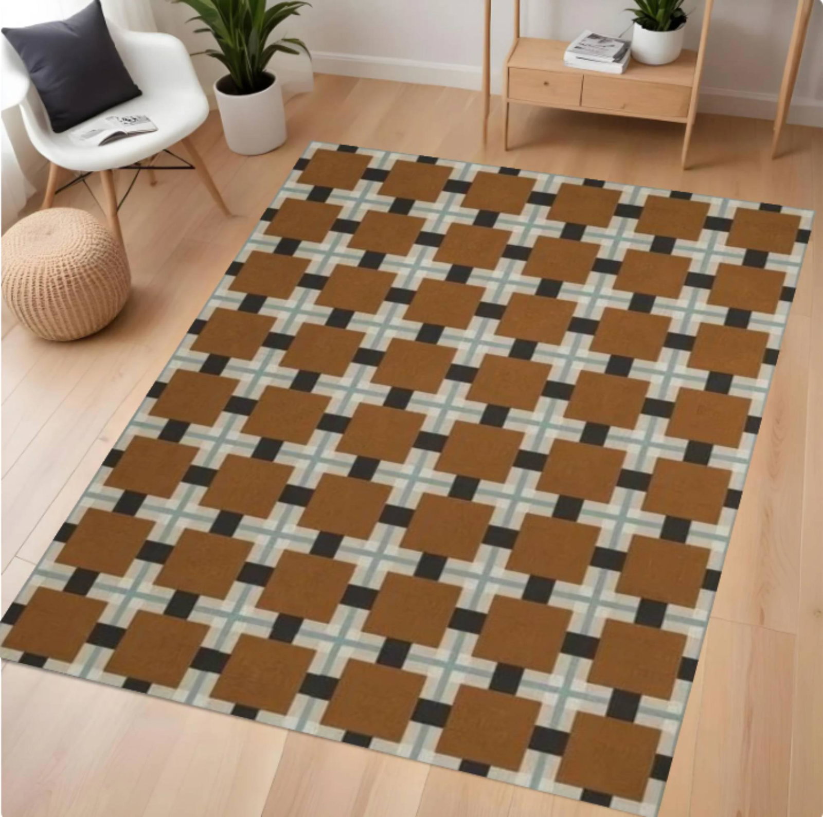 Bruin Checkered Modern Rug From Midden of Eeuw Washable Non-slipTVC1708370