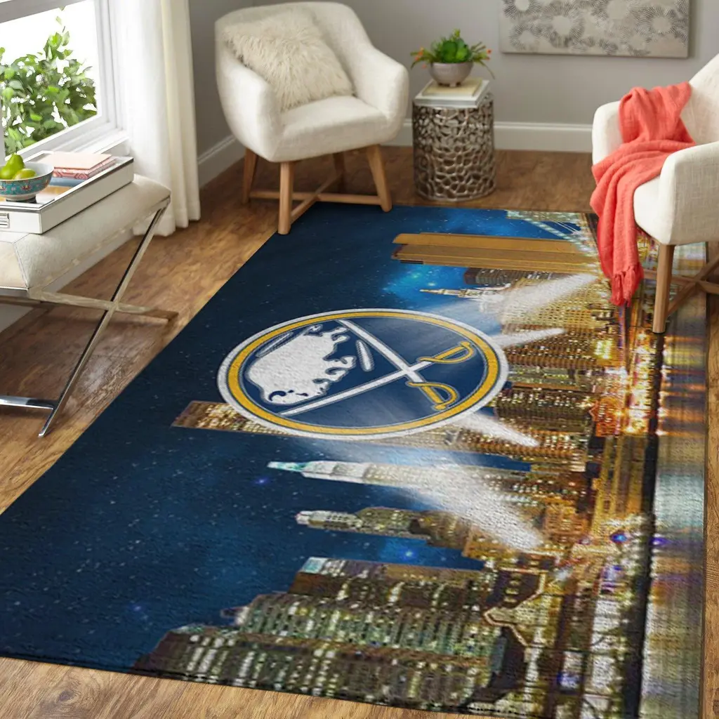 Buffalo City Skyline Area Rug for Living Room Decor Blue and Yellow