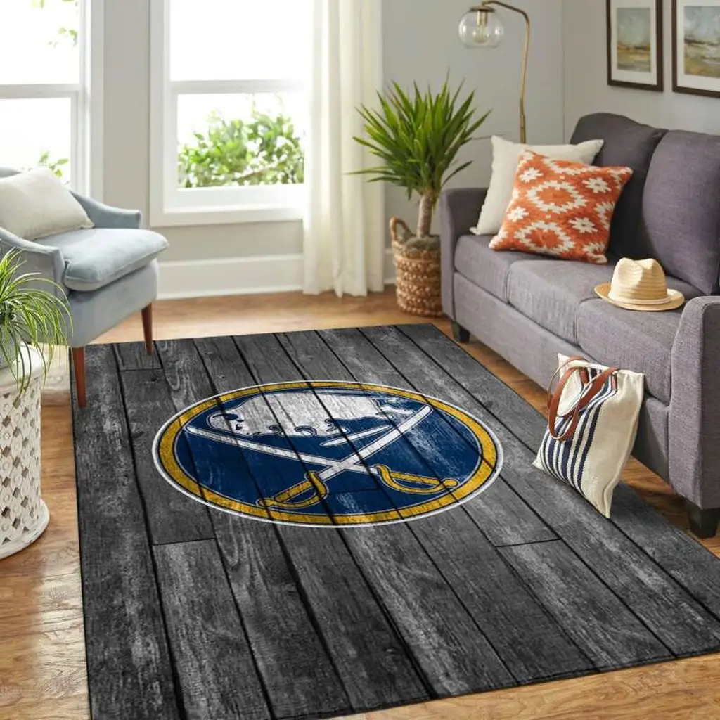 Buffalo Sabres Rug - Wooden Floor with Logo for Hockey Fans Gray and White