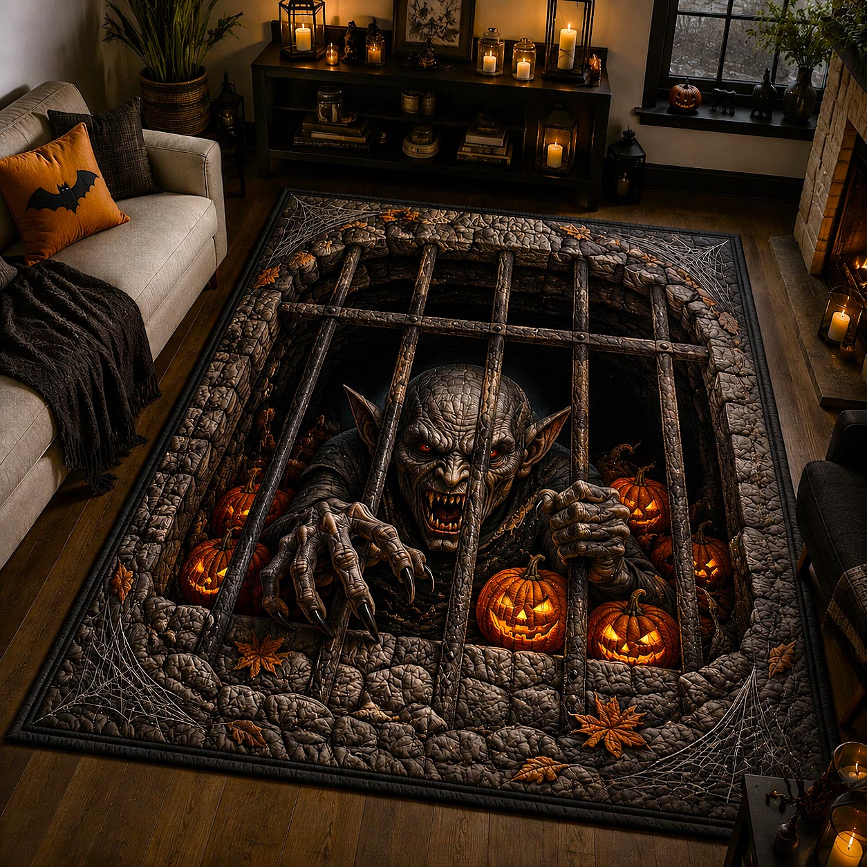Caged Goblin Pumpkin Glow Area Rug - Non-Slip Washable 3D Print Rug for Living Room & BedroomTVC210855
